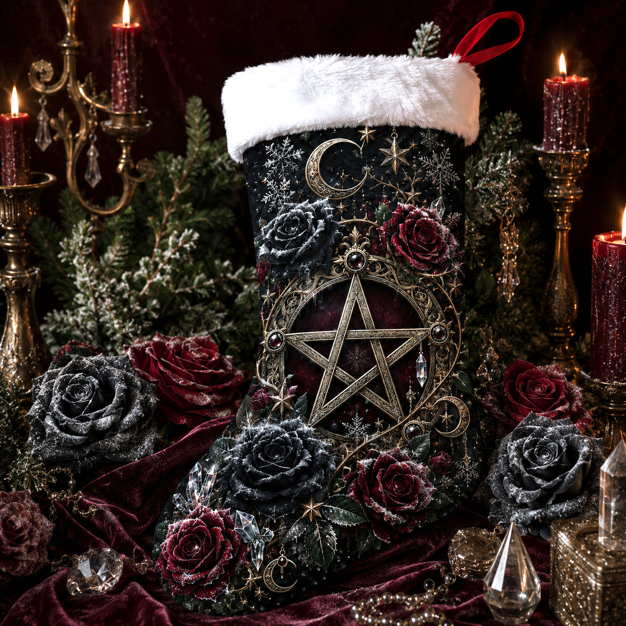 Pentacle And Roses Christmas Stocking Gothic Wiccan Altar Decor, styled shot 3