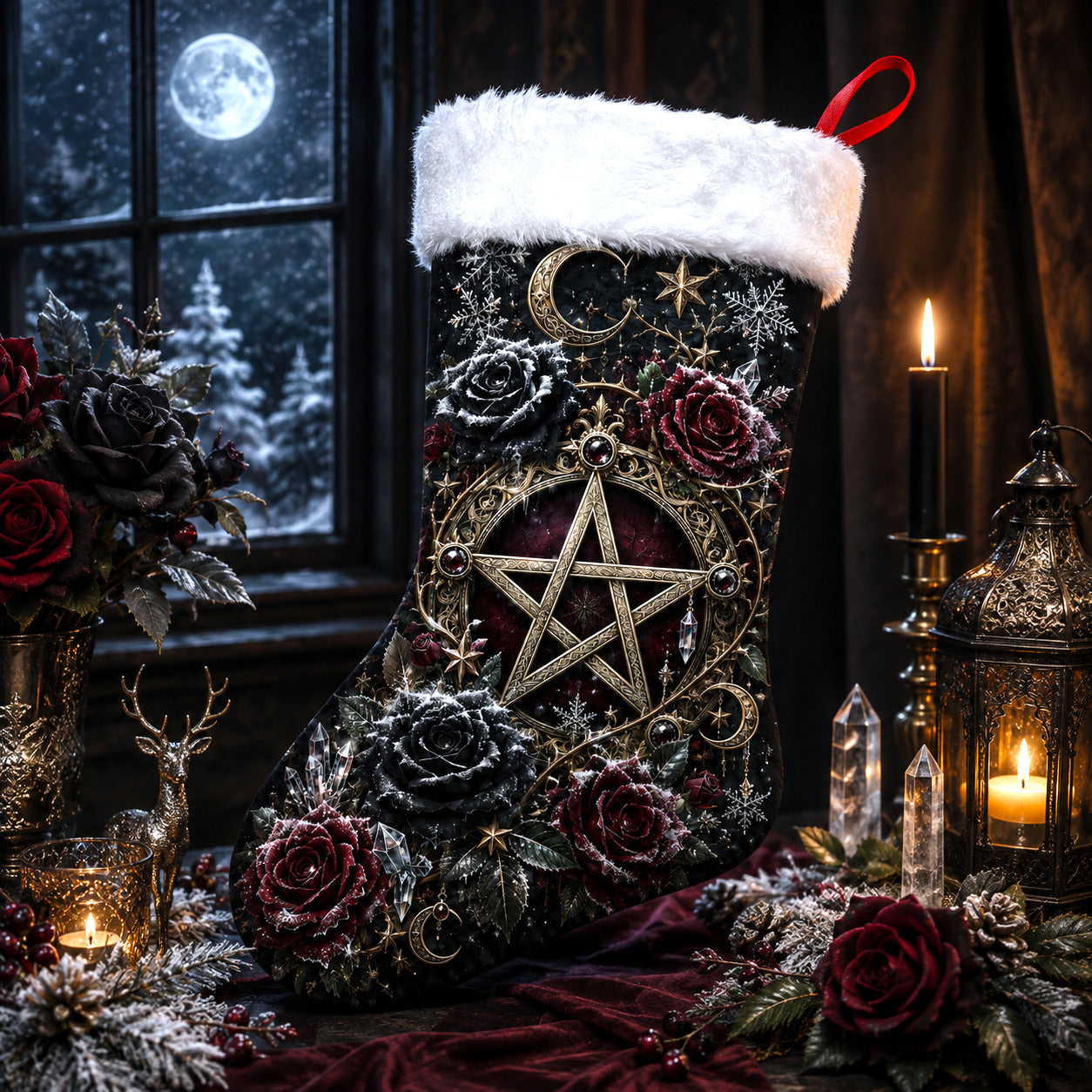 Pentacle And Roses Christmas Stocking Gothic Wiccan Altar Decor, styled shot 4