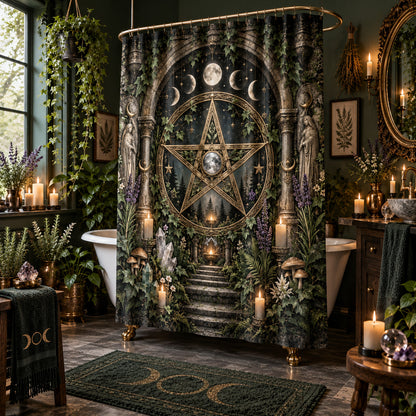 Pentacle Shower Curtain - Wiccan Stone Arch Botanical Decor, styled shot 2
