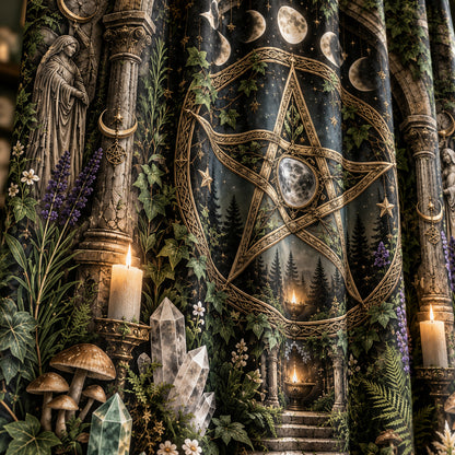 Pentacle Shower Curtain - Wiccan Stone Arch Botanical Decor, styled shot 4