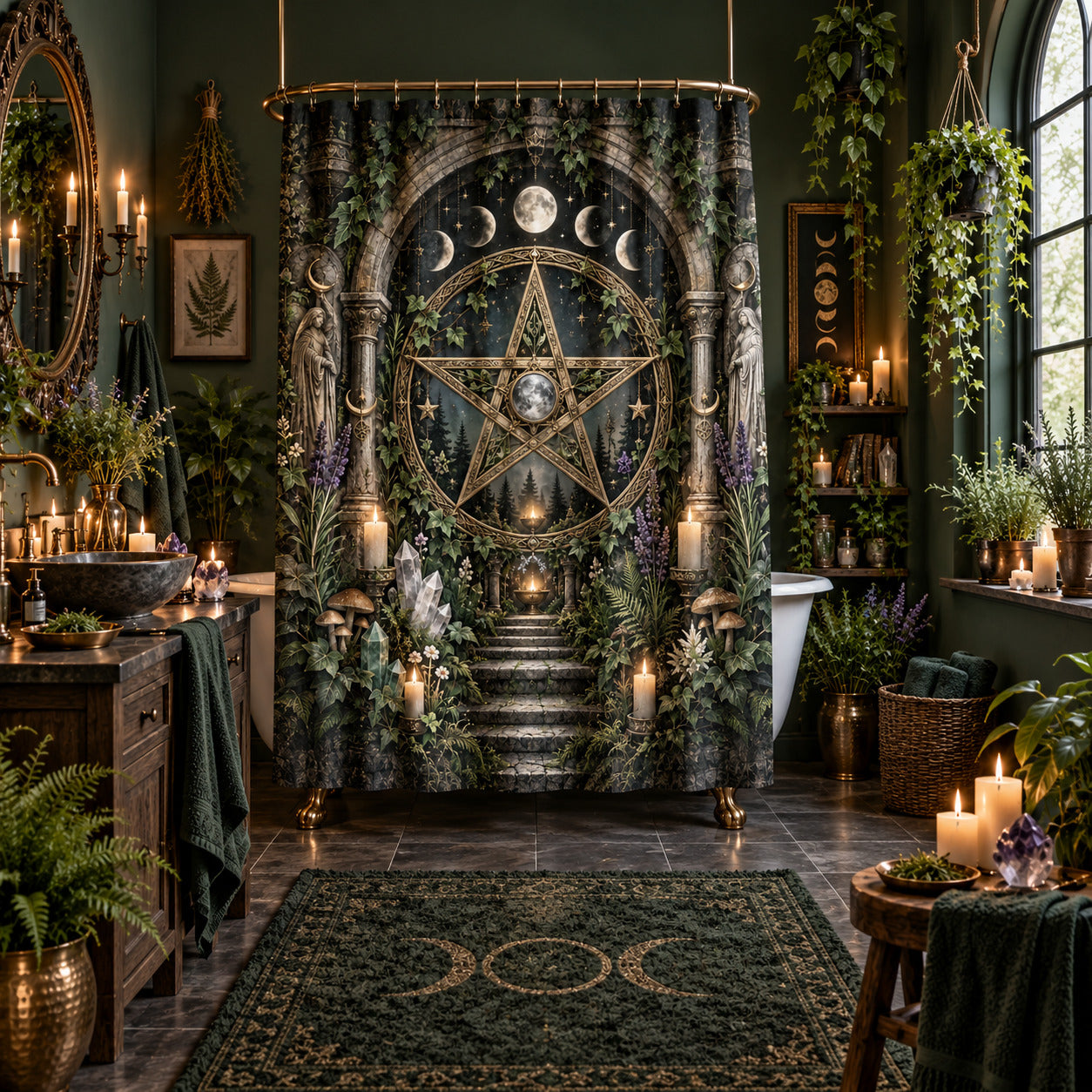 Pentacle Shower Curtain - Wiccan Stone Arch Botanical Decor, styled shot 5