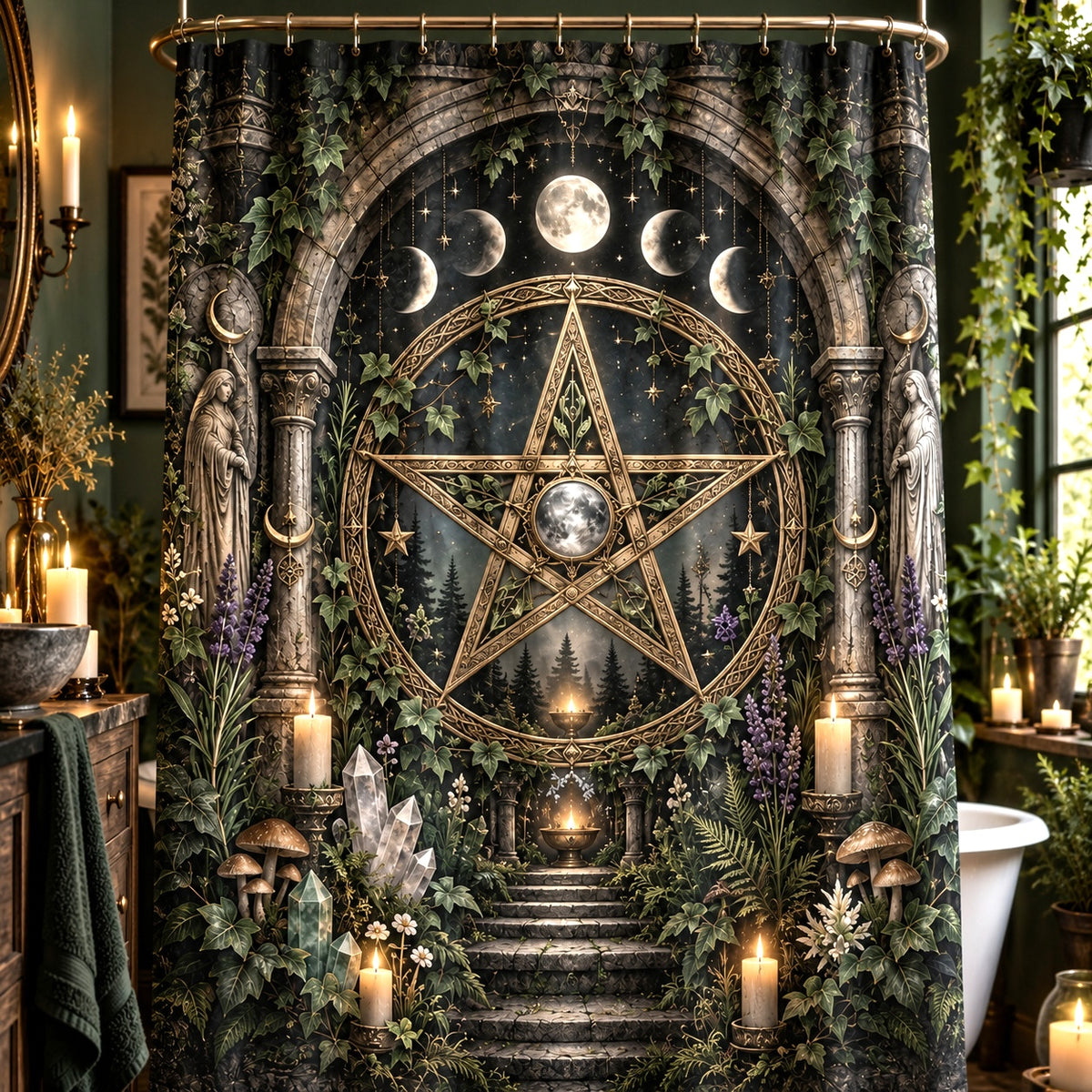 Pentacle Shower Curtain - Wiccan Stone Arch Botanical Decor