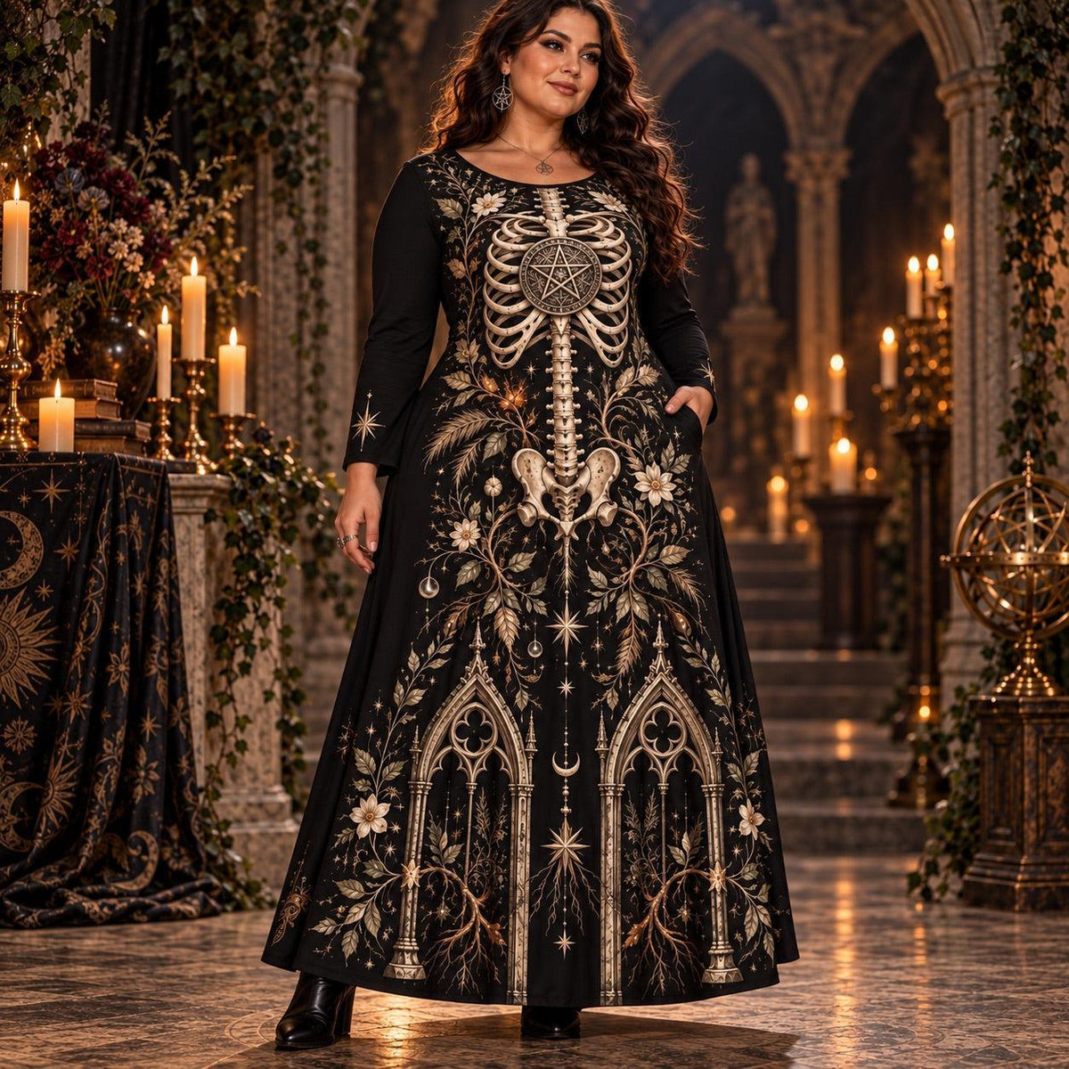 Pentacle Skeleton Plus Size Wiccan Dress – Gothic Long Sleeve Maxi – worn, showing the side pocket