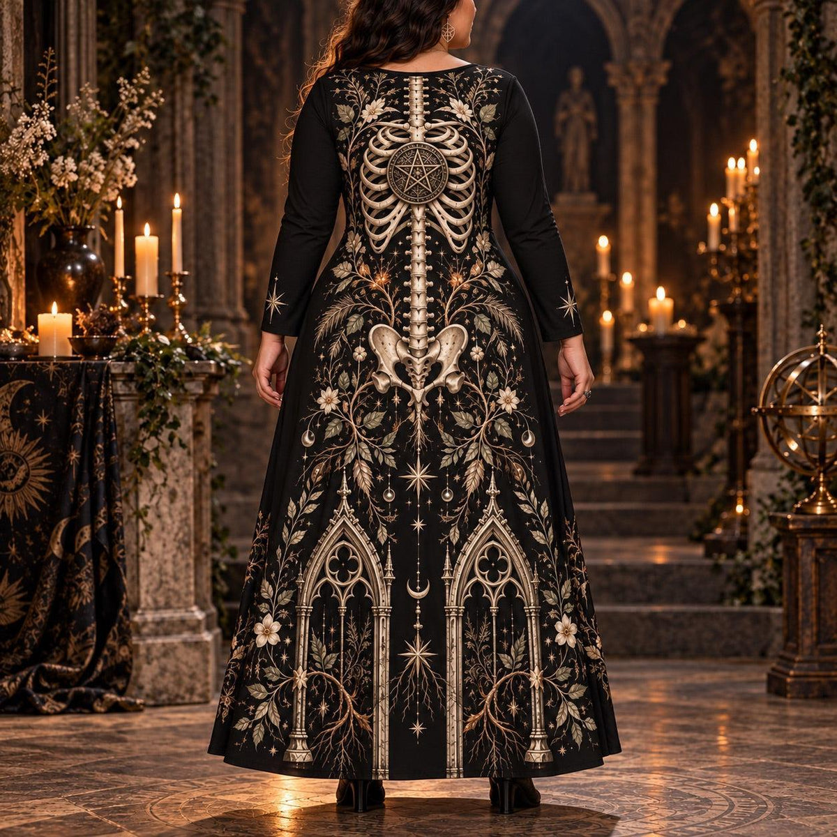 Pentacle Skeleton Plus Size Wiccan Dress – Gothic Long Sleeve Maxi – worn, back view