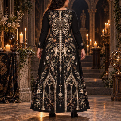 Pentacle Skeleton Plus Size Wiccan Dress – Gothic Long Sleeve Maxi – worn, back view