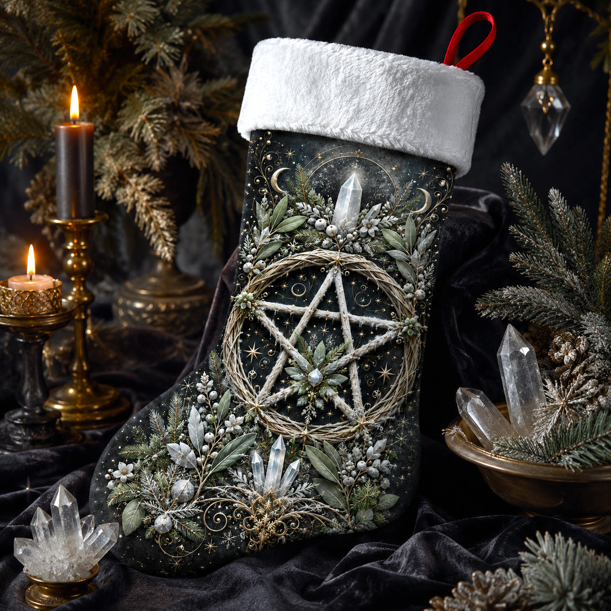 Pentacle Wreath Christmas Stocking Green Witch Solstice Decor, styled shot 2