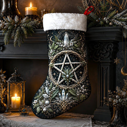 Pentacle Wreath Christmas Stocking Green Witch Solstice Decor, styled shot 3