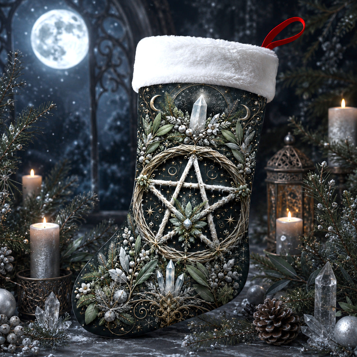 Pentacle Wreath Christmas Stocking Green Witch Solstice Decor, styled shot 4
