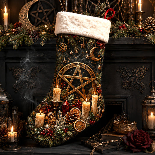 Pentagram Candles Christmas Stocking Pagan Yule Altar Decor, styled shot 2