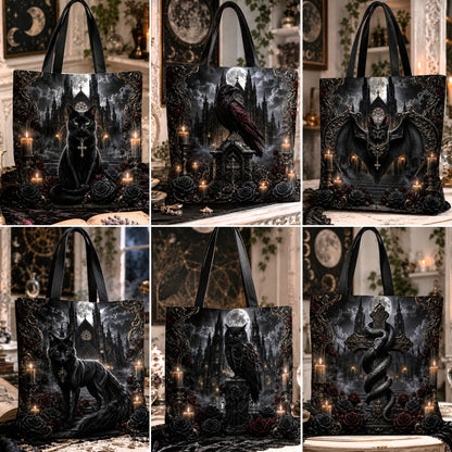 Six-panel collage of the gothic canvas tote bag showing black cat, raven, bat, wolf, owl, and snake designs against a moonlit gothic castle background with candles and roses.