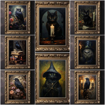 Victorian Animal Cat Raven Vintage Gothic Poster Witch Dark Academia Art Canvas-MoonChildWorld