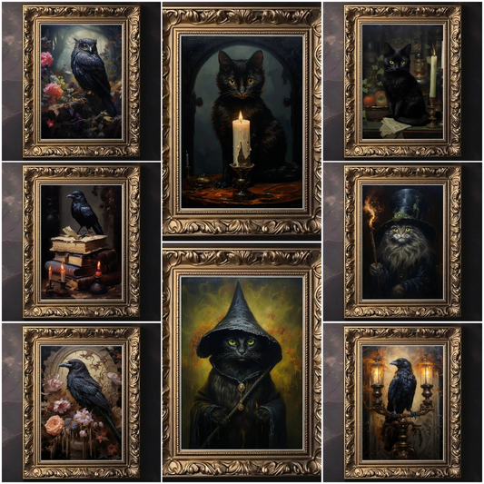 Victorian Animal Cat Raven Vintage Gothic Poster Witch Dark Academia Art Canvas
