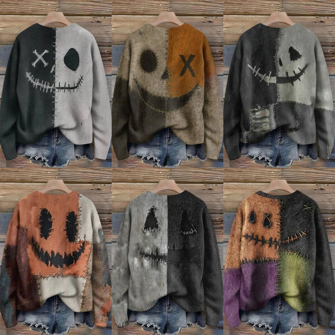 Creepy Pumpkin Long Sleeve Pullover Sweater - Gothic Witch Halloween Sweater-MoonChildWorld