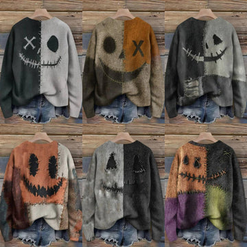 Creepy Pumpkin Long Sleeve Pullover Sweater - Gothic Witch Halloween Sweater-MoonChildWorld