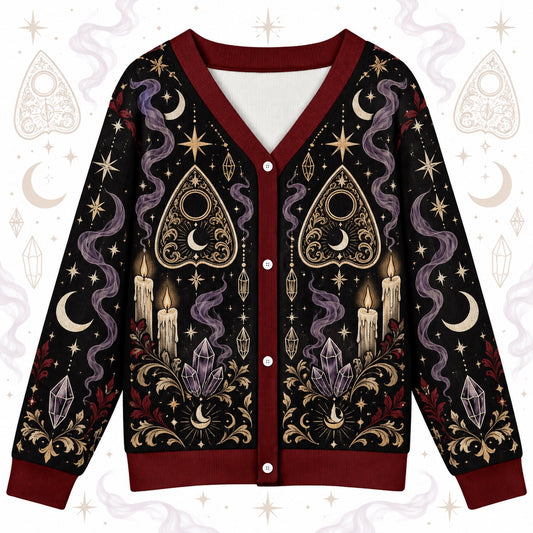 Planchette Candle Crystal Gothic Cardigan for Women Occult Moon Sweater, front view