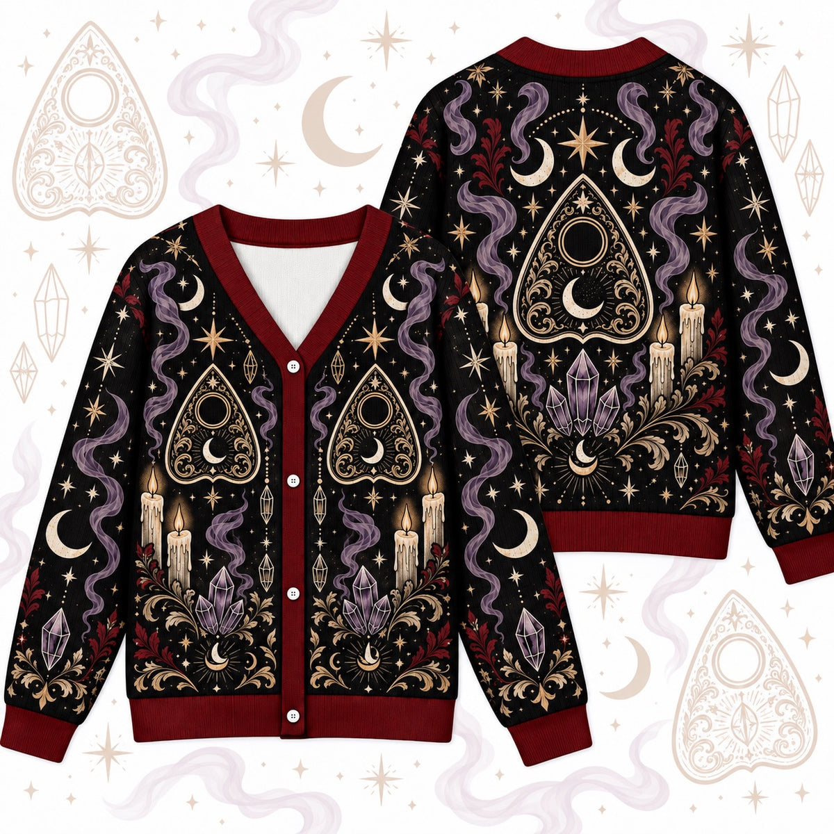 Planchette Candle Crystal Gothic Cardigan for Women Occult Moon Sweater, front and back shown together