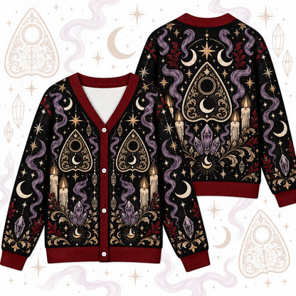 Planchette Candle Crystal Gothic Cardigan for Women Occult Moon Sweater, front and back shown together