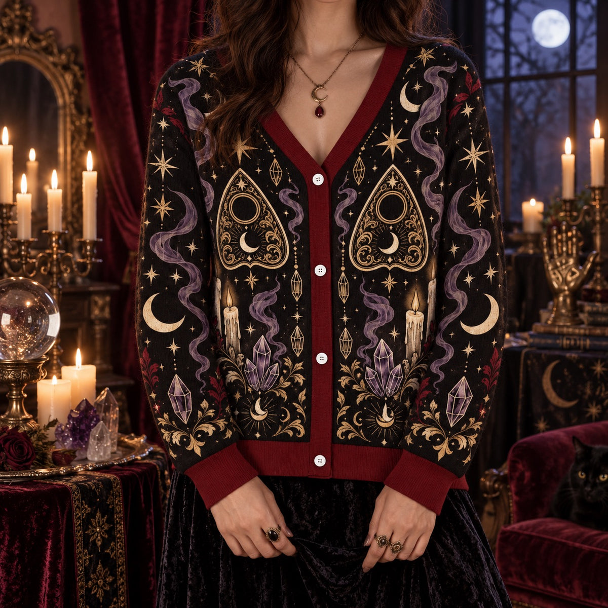 Planchette Candle Crystal Gothic Cardigan for Women Occult Moon Sweater, worn, front view