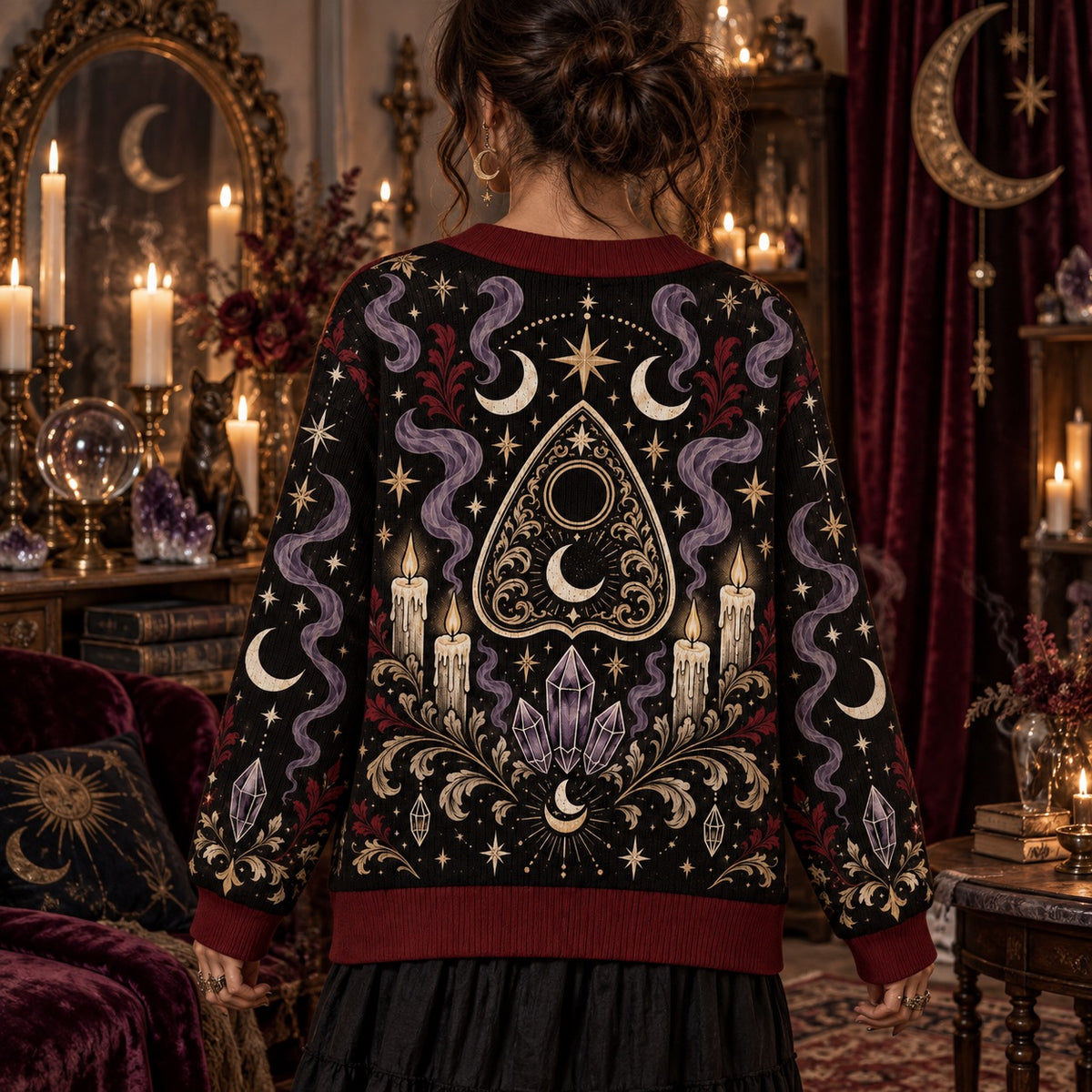 Planchette Candle Crystal Gothic Cardigan for Women Occult Moon Sweater, worn, back view