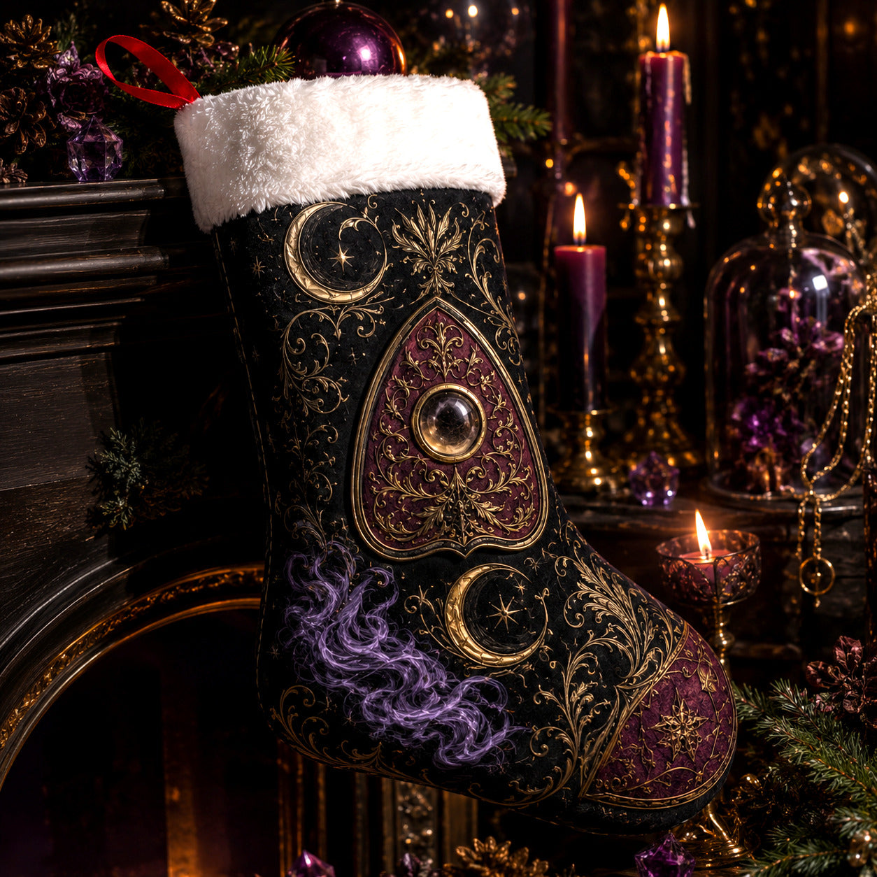 Planchette Christmas Stocking Purple Spirit Board Occult Decor, styled shot 2
