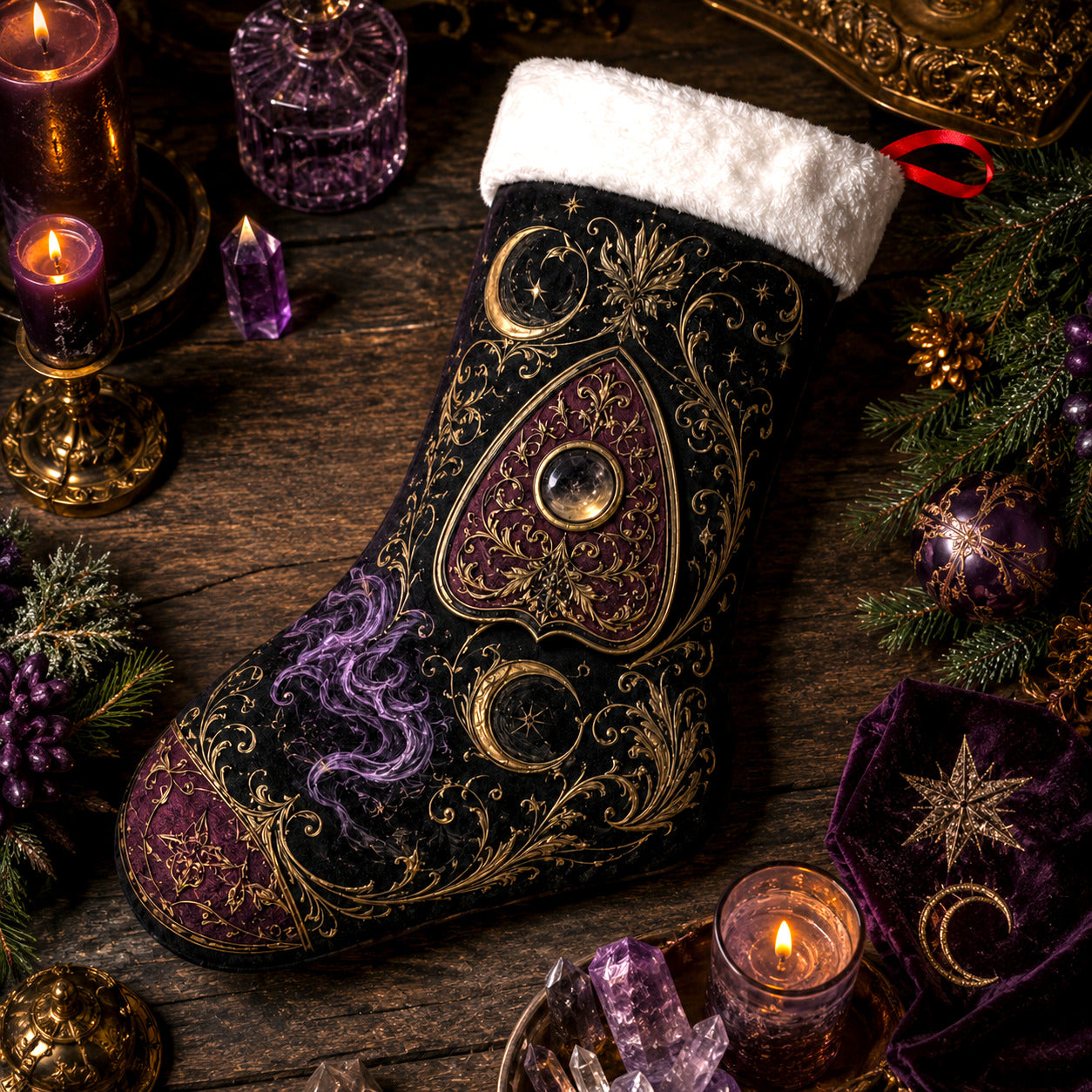 Planchette Christmas Stocking Purple Spirit Board Occult Decor, styled shot 3