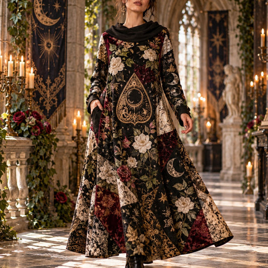 Planchette Night Garden Witchy Cowl Neck Dress – Gothic Rose Maxi – worn, in motion