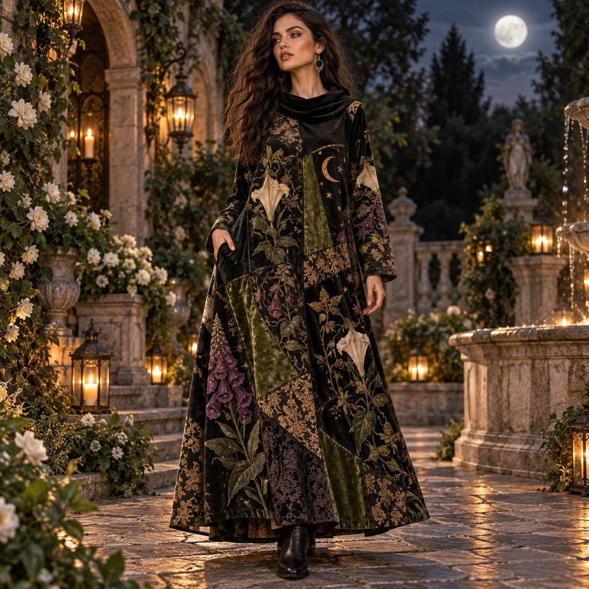 Poison Botanica Noir Gothic Cowl Neck Dress – Witchy Botanical Maxi – worn, in motion