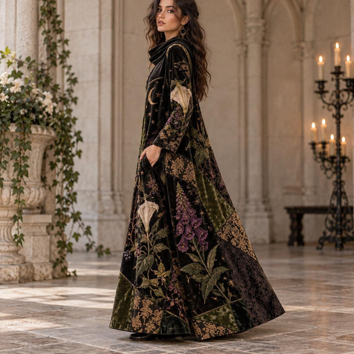Poison Botanica Noir Gothic Cowl Neck Dress – Witchy Botanical Maxi – worn, three quarter view
