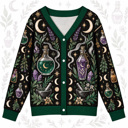 Potion Bottle Lavender Witchy Cardigan for Women Green Apothecary, front view