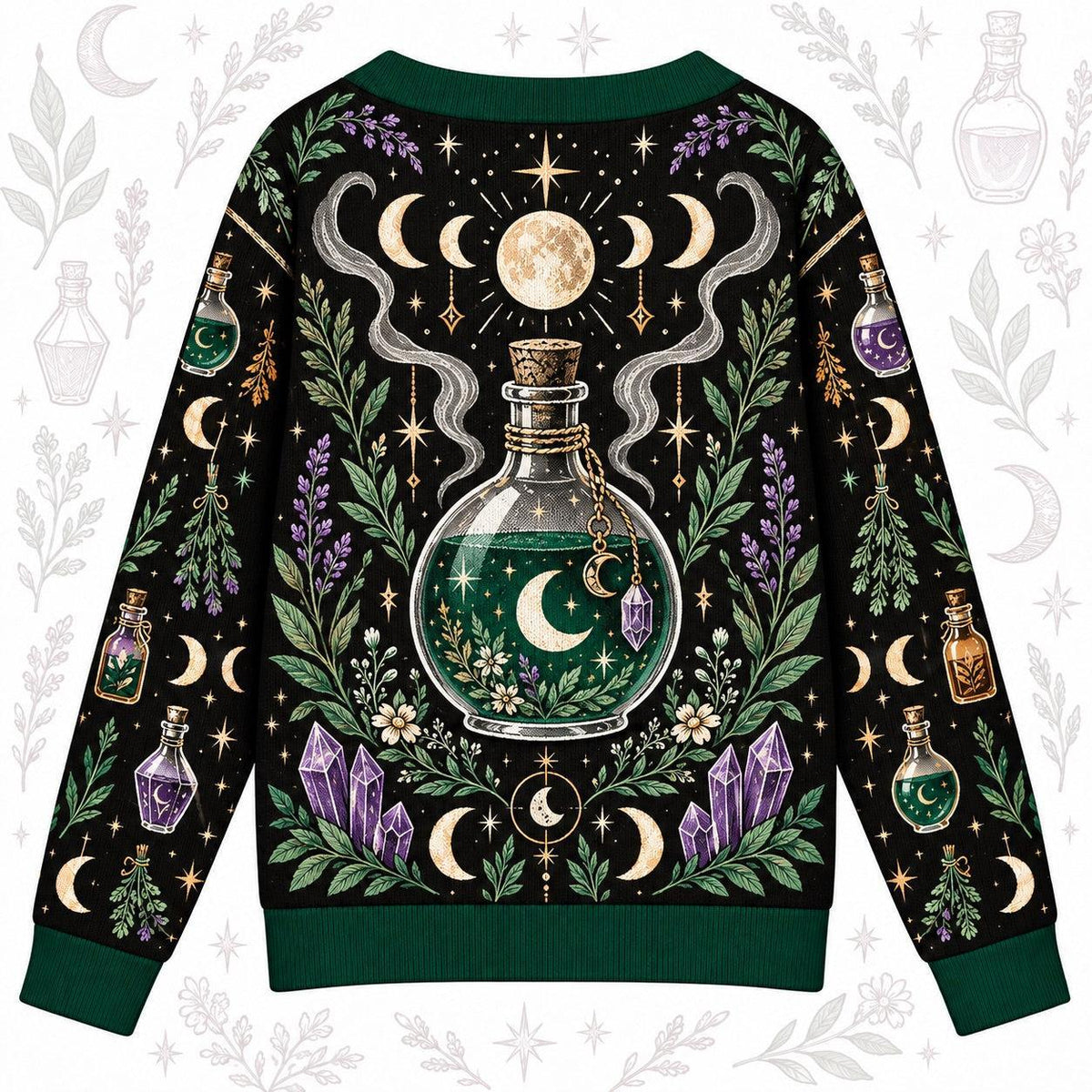 Potion Bottle Lavender Witchy Cardigan for Women Green Apothecary, back view