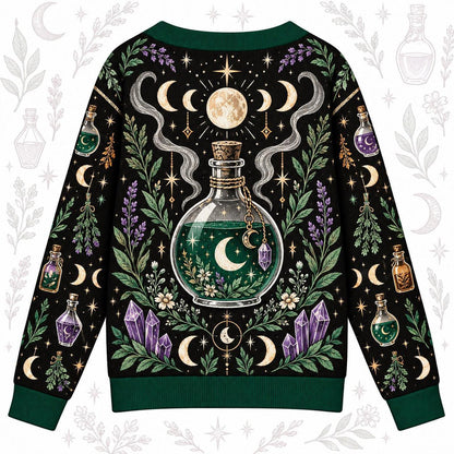 Potion Bottle Lavender Witchy Cardigan for Women Green Apothecary, back view
