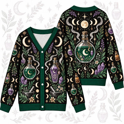 Potion Bottle Lavender Witchy Cardigan for Women Green Apothecary, front and back shown together