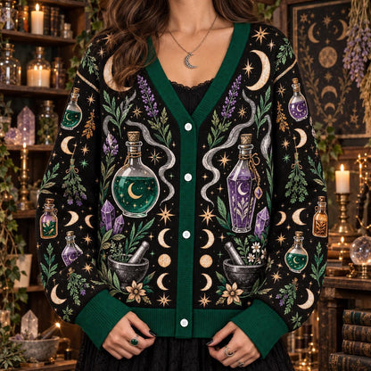 Potion Bottle Lavender Witchy Cardigan for Women Green Apothecary, worn, front view