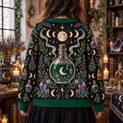 Potion Bottle Lavender Witchy Cardigan for Women Green Apothecary, worn, back view