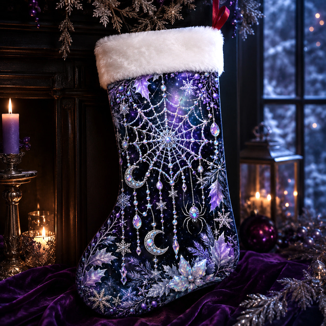 Purple Spiderweb Christmas Stocking Gothic Witchy Holiday Decor, styled shot 3