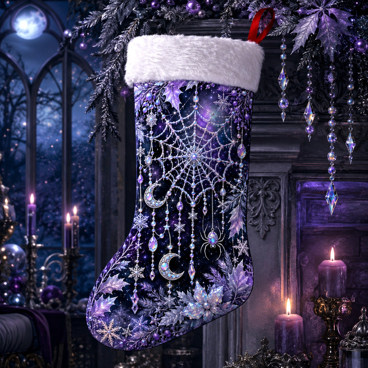 Purple Spiderweb Christmas Stocking Gothic Witchy Holiday Decor, styled shot 4