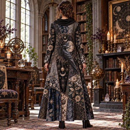 Raven Alchemist Gothic Cowl Neck Dress – Witchy Celestial Moon Maxi – worn, back view
