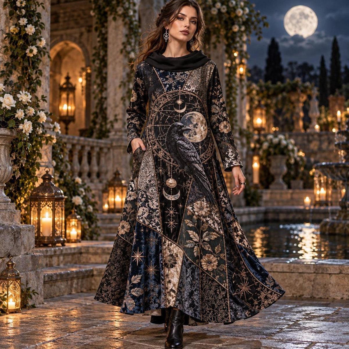 Raven Alchemist Gothic Cowl Neck Dress – Witchy Celestial Moon Maxi – worn, in motion