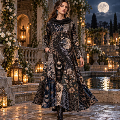 Raven Alchemist Gothic Cowl Neck Dress – Witchy Celestial Moon Maxi – worn, in motion