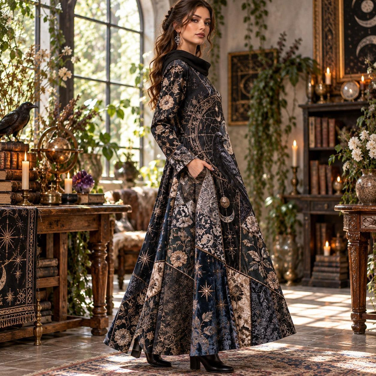 Raven Alchemist Gothic Cowl Neck Dress – Witchy Celestial Moon Maxi – worn, three quarter view