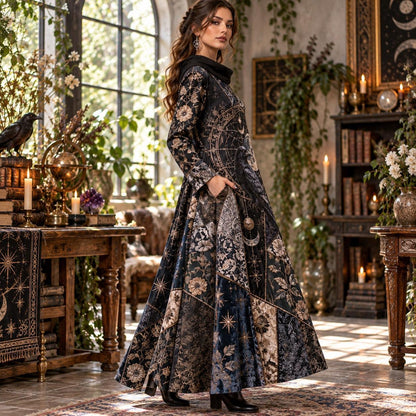 Raven Alchemist Gothic Cowl Neck Dress – Witchy Celestial Moon Maxi – worn, three quarter view