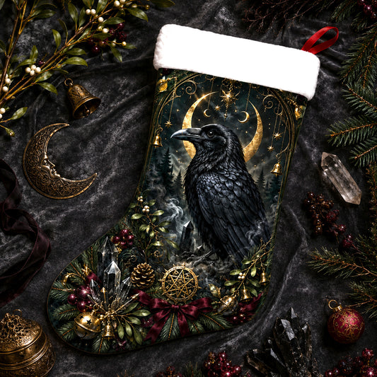 Raven And Pentacle Christmas Stocking Mistletoe Pagan Yule Decor, styled shot 2
