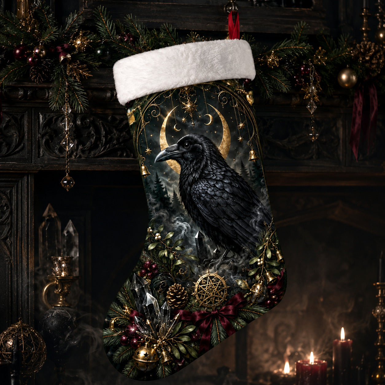 Raven And Pentacle Christmas Stocking Mistletoe Pagan Yule Decor, styled shot 3