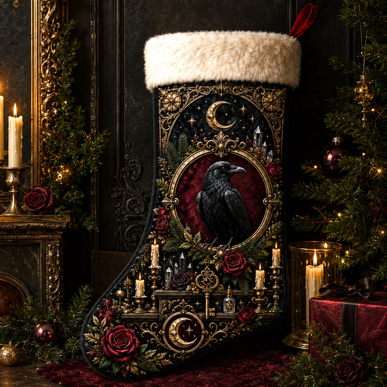 Raven And Roses Christmas Stocking Dark Academia Gothic Decor, styled shot 2