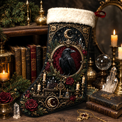 Raven And Roses Christmas Stocking Dark Academia Gothic Decor, styled shot 3