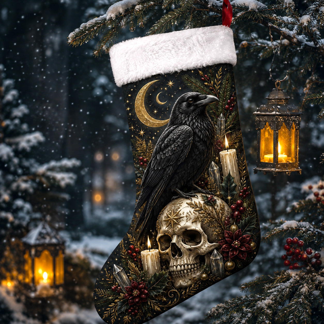 Raven And Skull Christmas Stocking Gothic Occult Holiday Decor