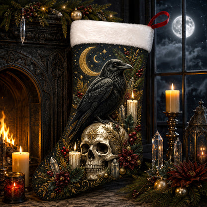 Raven And Skull Christmas Stocking Gothic Occult Holiday Decor, styled shot 2
