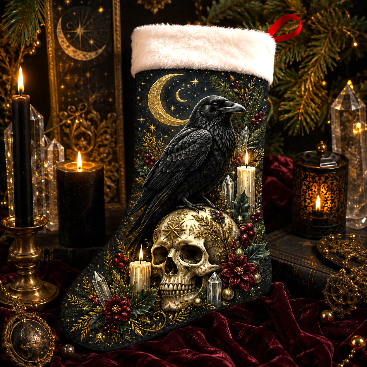 Raven And Skull Christmas Stocking Gothic Occult Holiday Decor, styled shot 3