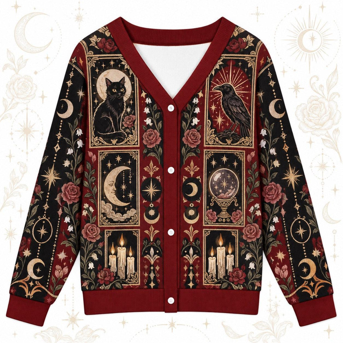Raven Black Cat Crystal Ball Tarot Cardigan for Women Gothic Red Rose, front view