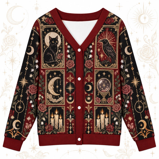 Raven Black Cat Crystal Ball Tarot Cardigan for Women Gothic Red Rose, front view